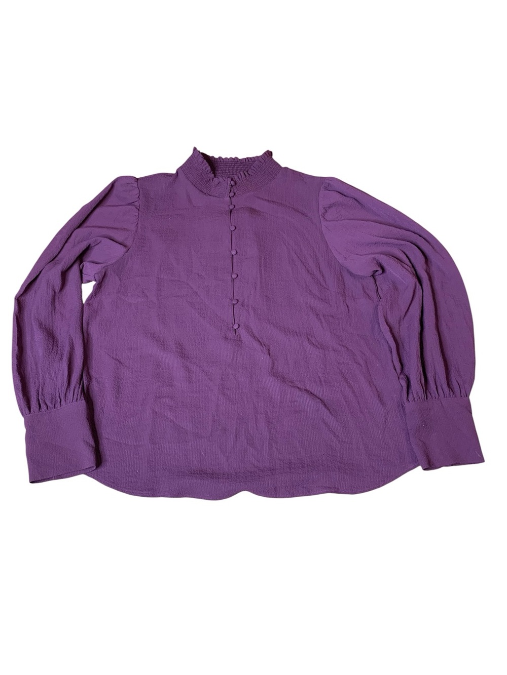 RW&CO. Deep Purple Textured Smocked High Neck Button Front Blouse - Size Medium